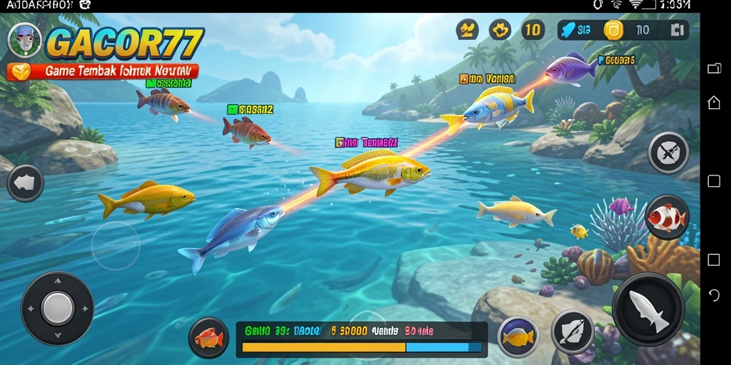 Screenshot gameplay GACOR77 yang menampilkan aksi menembak ikan.