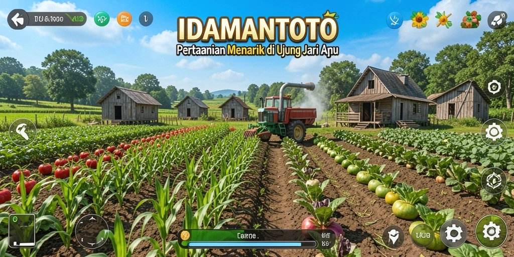 Tangkapan layar gameplay <strong>IDAMANTOTO</strong> menunjukkan lahan pertanian yang subur dan tanaman yang beragam.