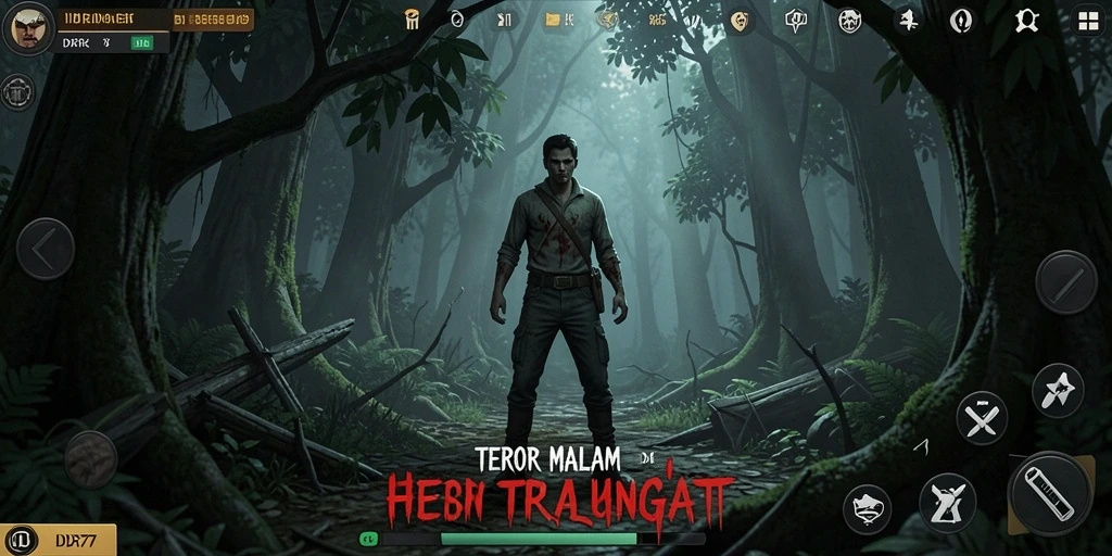 Screenshot gameplay IDR77 menunjukkan suasana mencekam di hutan angker.